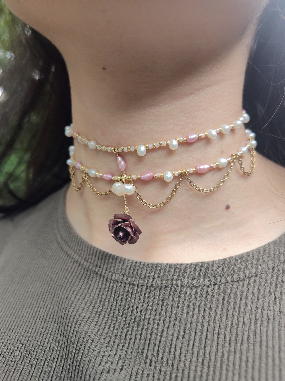 Handmade Pink Freshwater Pearl Layered Choker Necklace